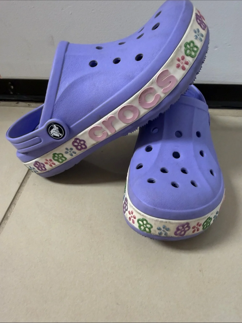CROCS Kids Purple Garden Clogs with Floral Trim